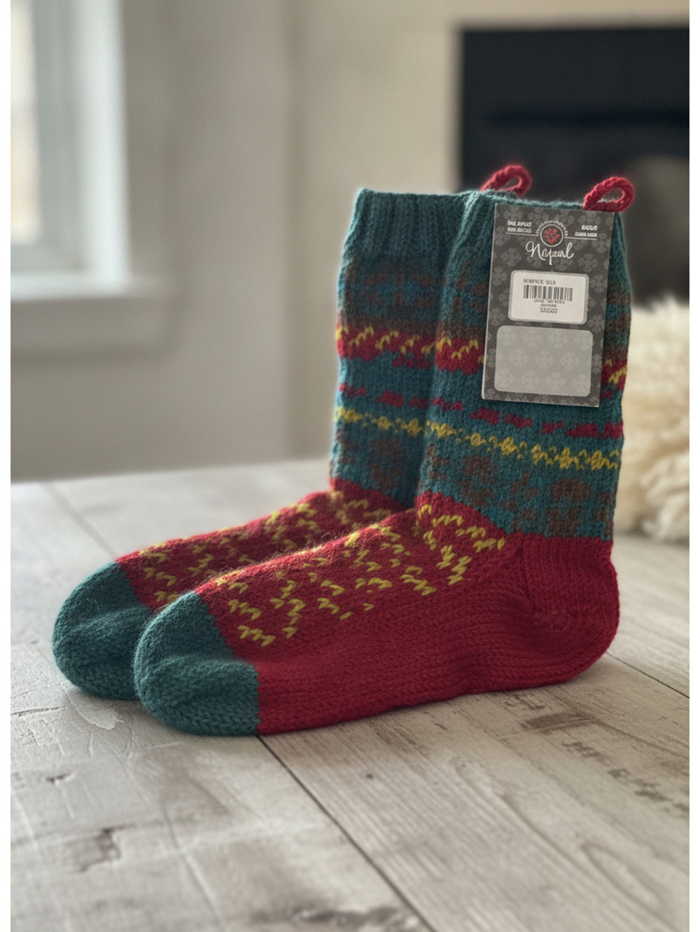 Lost Horizons Hand Knit 100% Wool Socks Red Teal Yellow Fair Isle One Size
